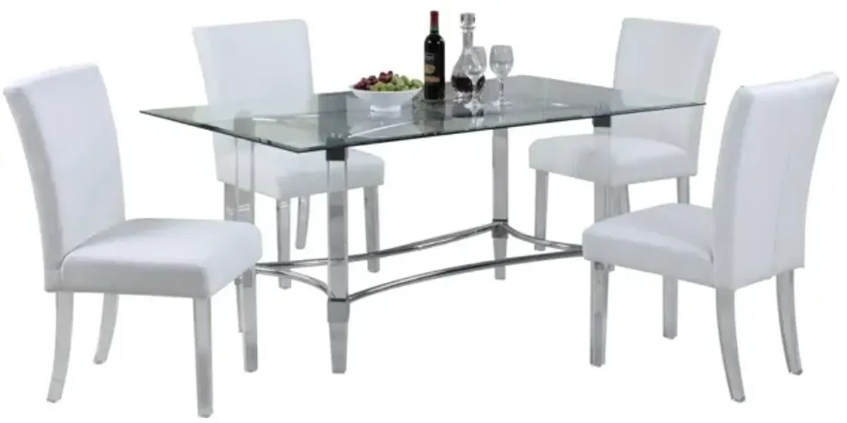 WHITE CONTEMPORARY DINING SET WITH RECTANGULAR GLASS DINING TABLE & PARSON CHAIRS