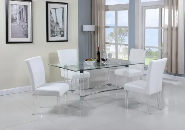 Chintaly 5-Piece White Contemporary 60 Inch Dining Set with Rectangular Glass Dining Table & Parson Chairs