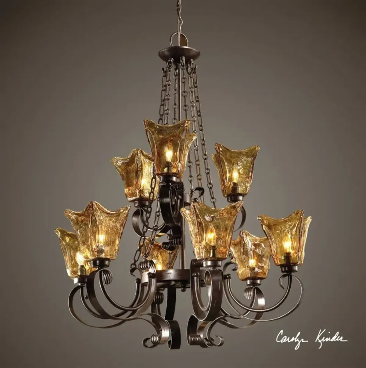 Uttermost European Chandelier Fixture with Amber Glass Shades