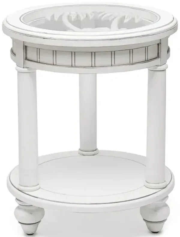 Seawinds Monaco Round End Table with Palm Insert Blanc Finish