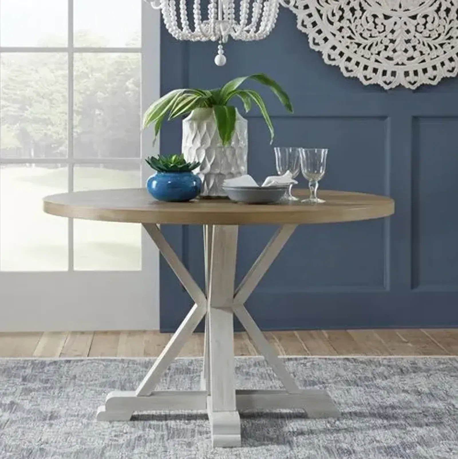 Liberty Furniture Lakeshore Wirebrushed White Single Pedestal Table with Wood Tone Top