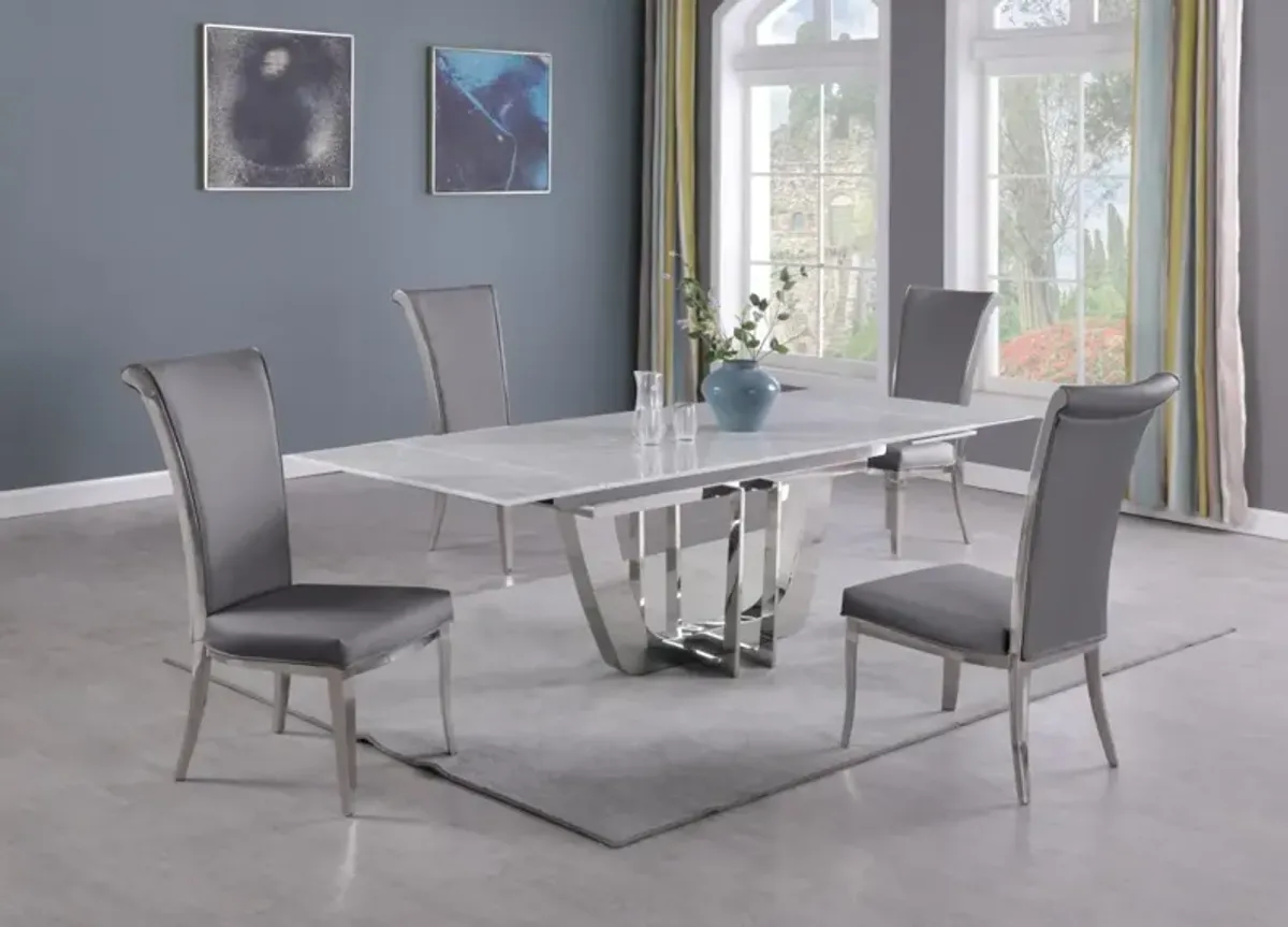 Chintaly Joy Grey Dining Set with Extendable Carrara Marble Table & 4 Faux Leather High-Back Chairs