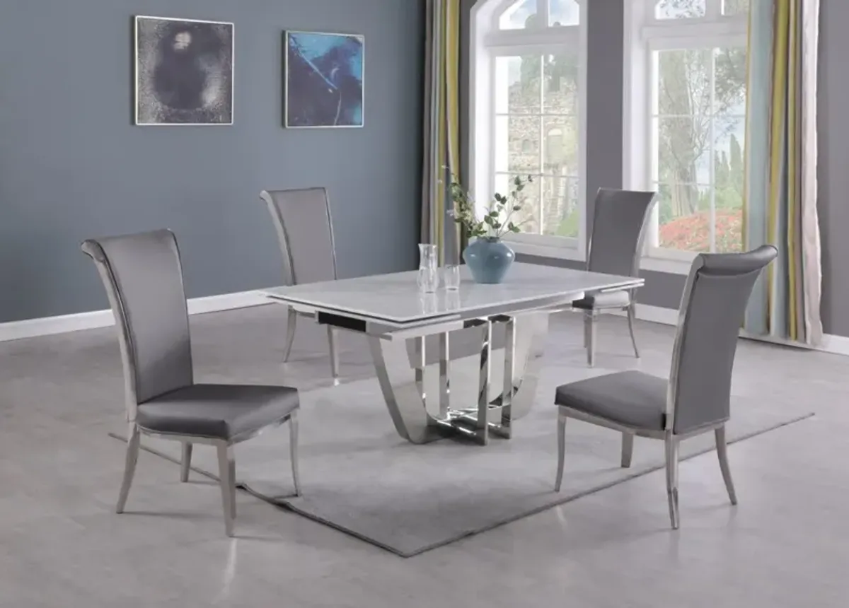 Chintaly Joy Grey Dining Set with Extendable Carrara Marble Table & 4 Faux Leather High-Back Chairs