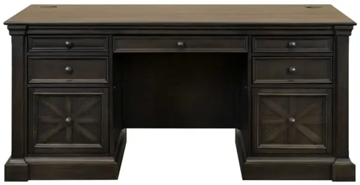 Martin Furniture Kingston Dark Chocolate Rub Through with Criss-Cross Detail Double Pedestal Desk