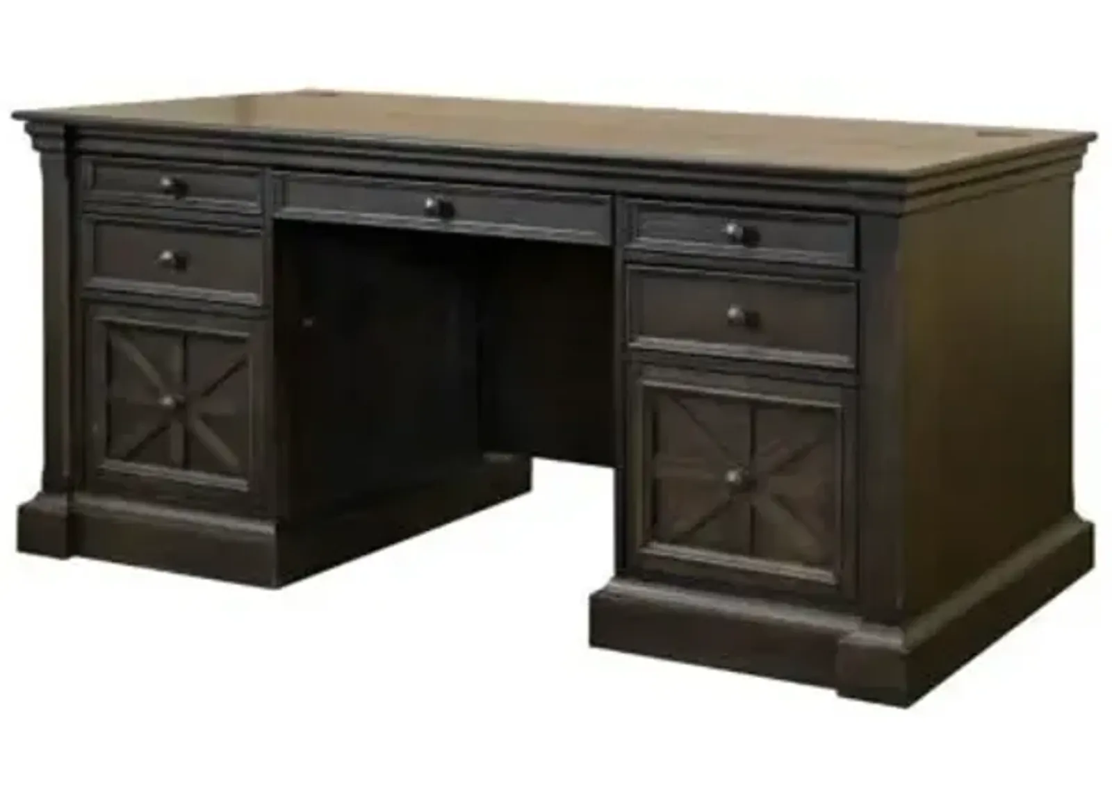 Martin Furniture Kingston Dark Chocolate Rub Through with Criss-Cross Detail Double Pedestal Desk