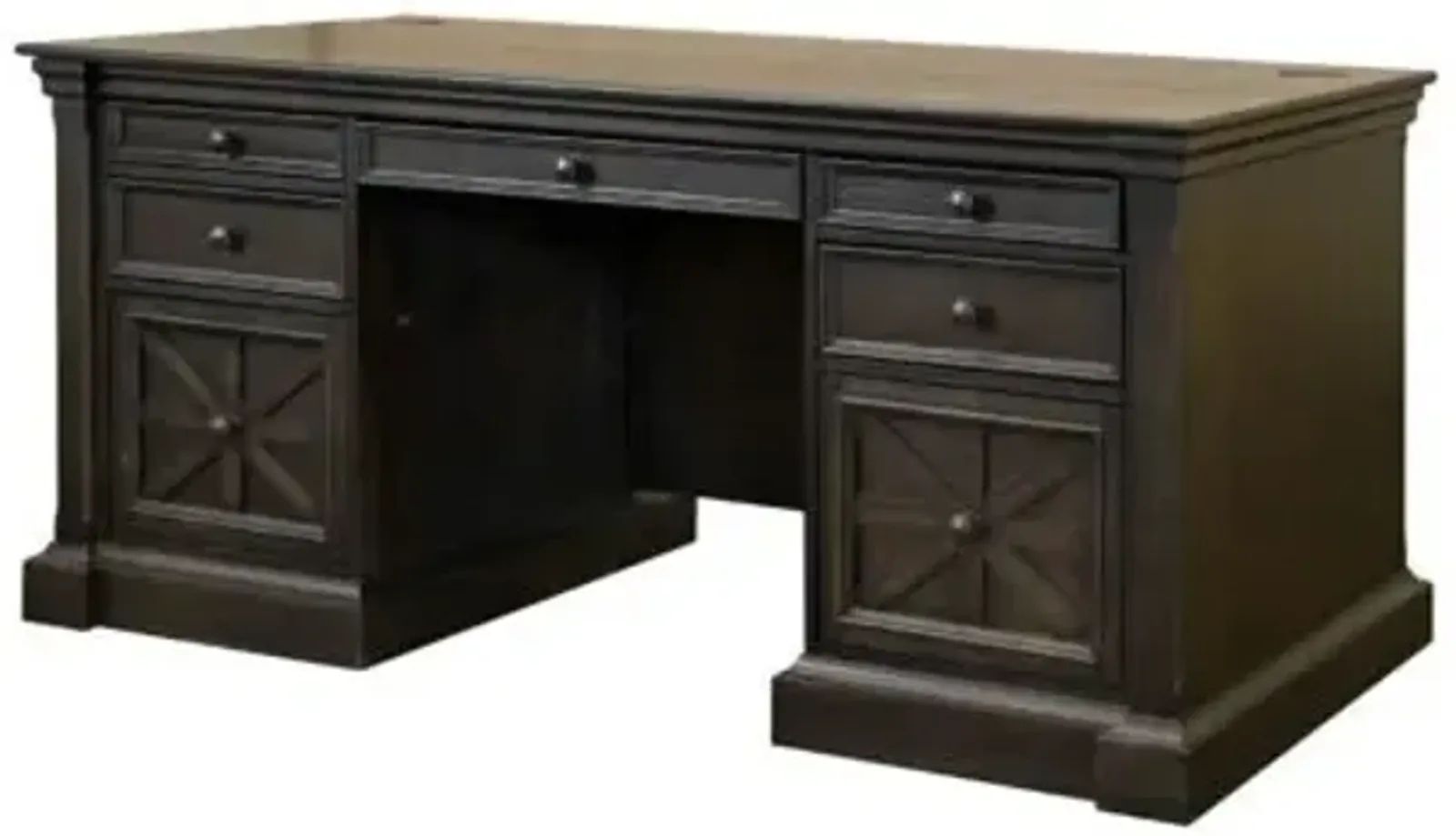 Martin Furniture Kingston Dark Chocolate Rub Through with Criss-Cross Detail Double Pedestal Desk