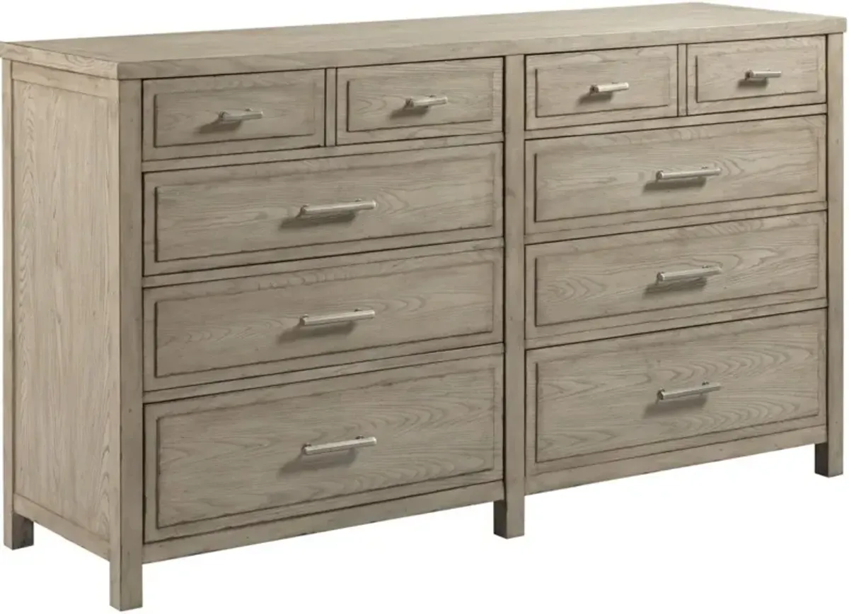 American Drew West Fork Rustic Weathered Wood Dresser with Silver Hardware in Elm Finish