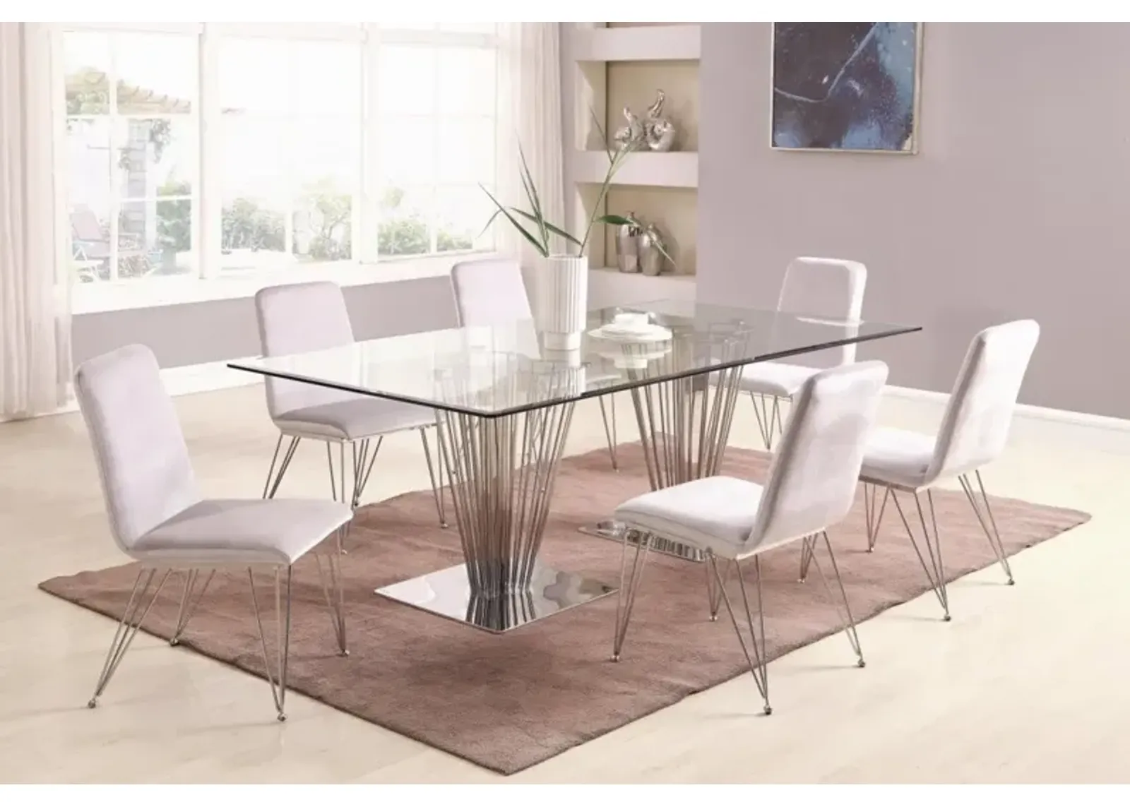 Chintaly Fernanda Contemporary Dining Set with Rectangular Glass Table & 6 Gray Side Chairs