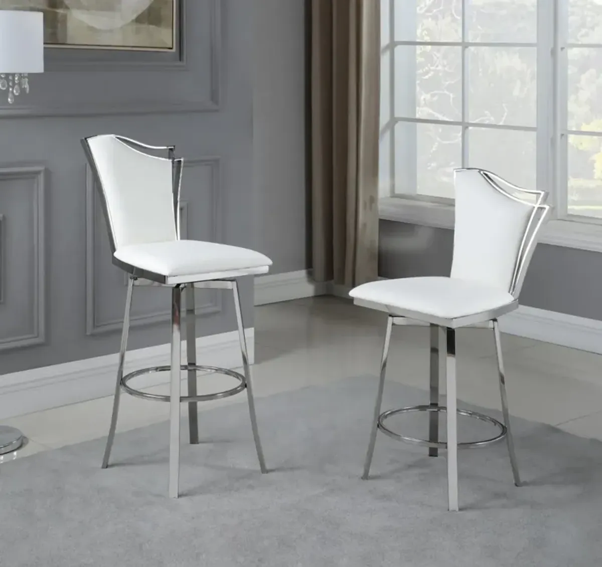 Chintaly Nadia White Contemporary Swivel Bar Stool with Design Back