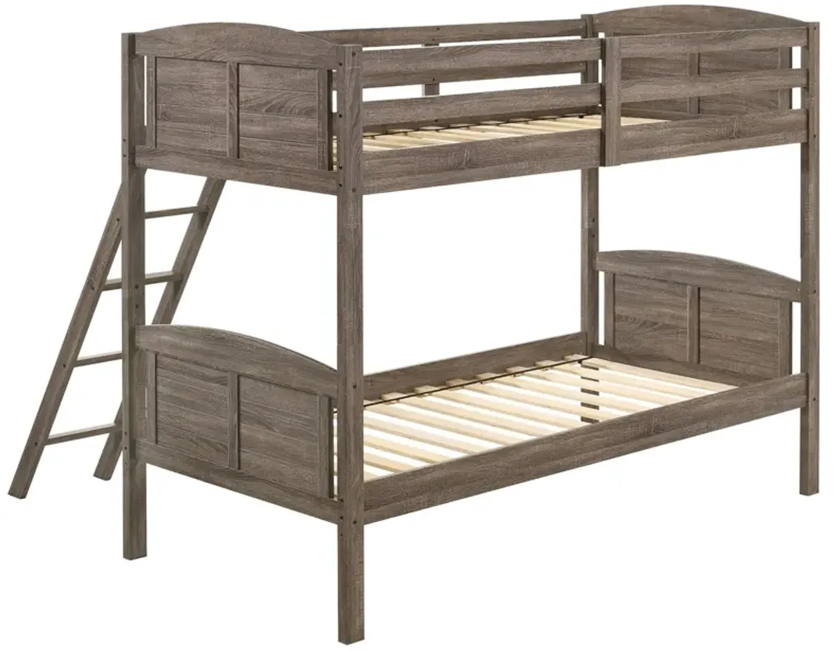 Flynn Wood Twin Over Twin Bunk Bed Weathered Brown