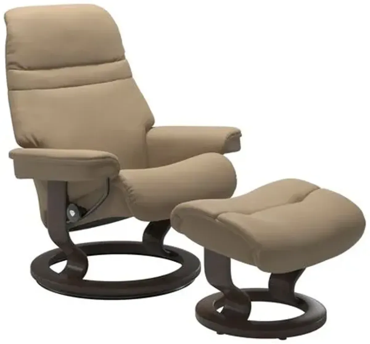 Stressless Sunrise Small Chair & Ottoman in Paloma Sand with Classic Base & Walnut Finish