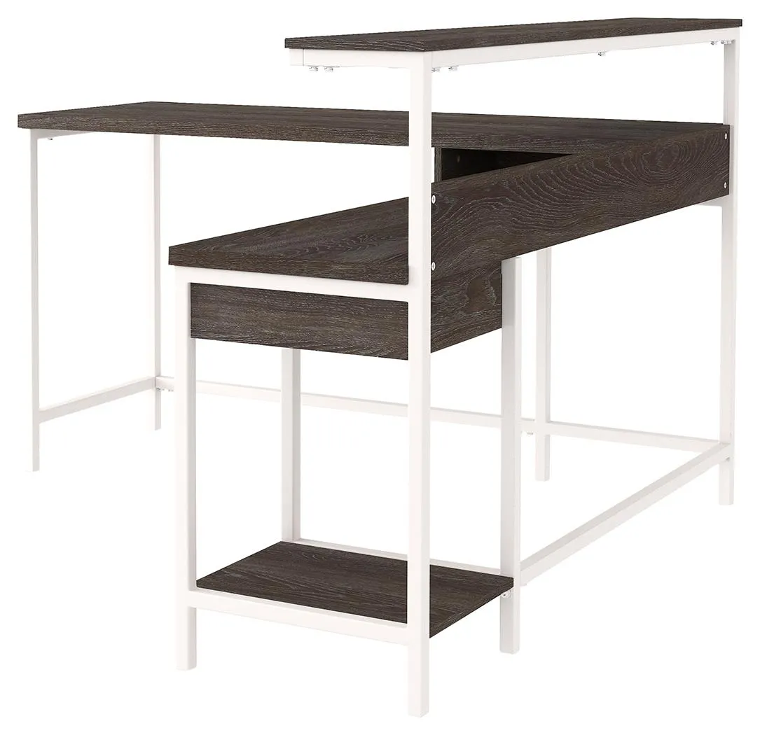 DORRINSON HOME OFFICE L-DESK WITH STORAGE TWO-TONE SIGNATURE DESIGN