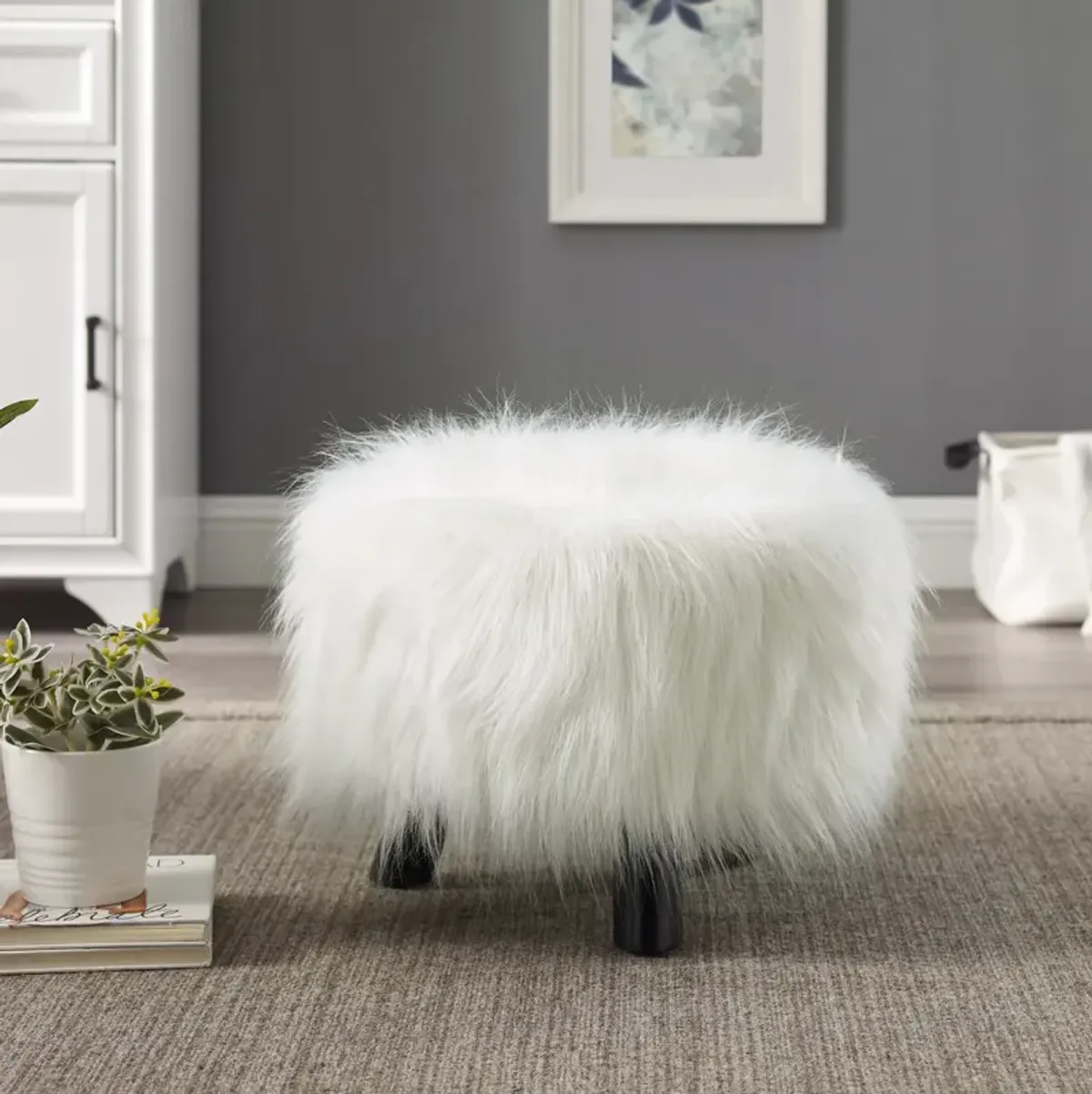 Linon White Faux Fur Footstool