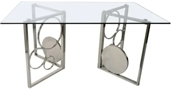 Chintaly Bruna Contemporary 72 Inch Glass Top Dining Table with Dual Steel Base Set