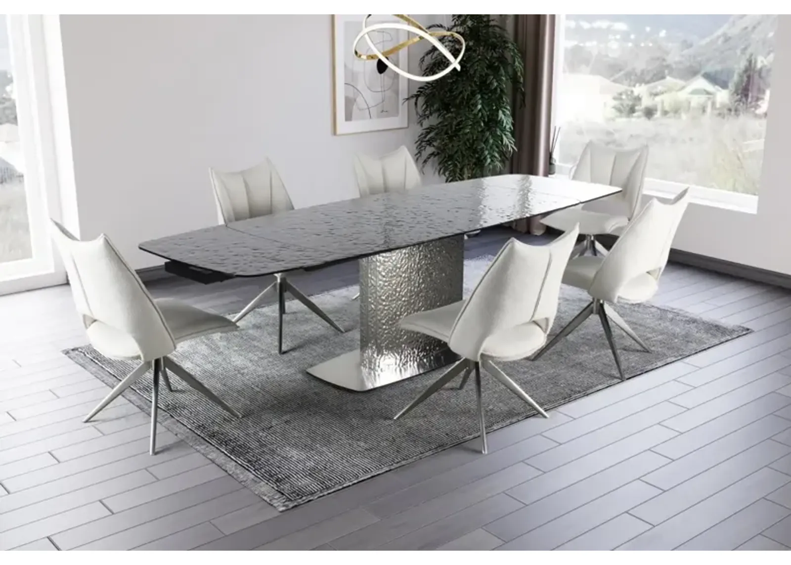 Chintaly Nora Contemporary Dining Set with Extendable Textured Table & 6 Swivel Chairs