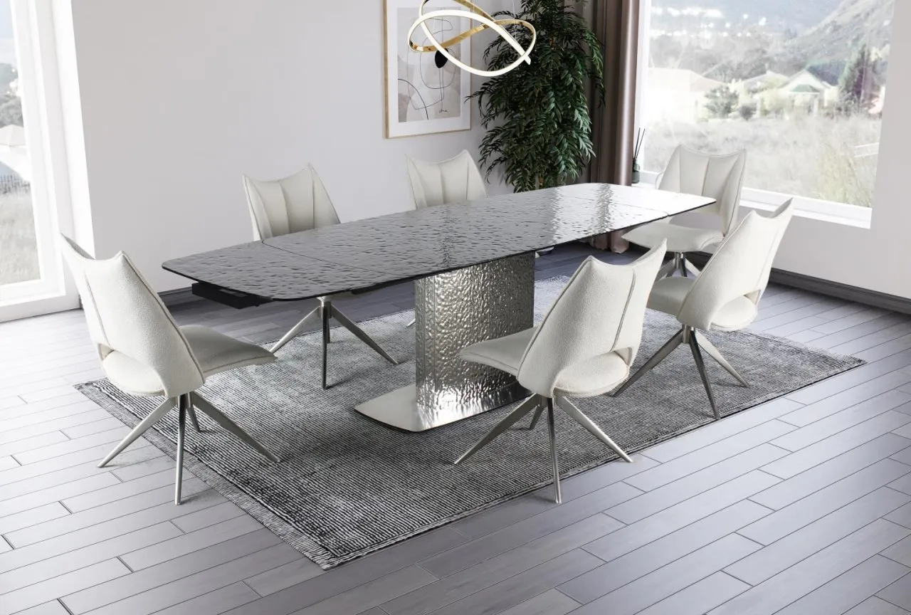 NORA CONTEMPORARY DINING SET WITH EXTENDABLE TEXTURED TABLE & 6 SWIVEL CHAIRS