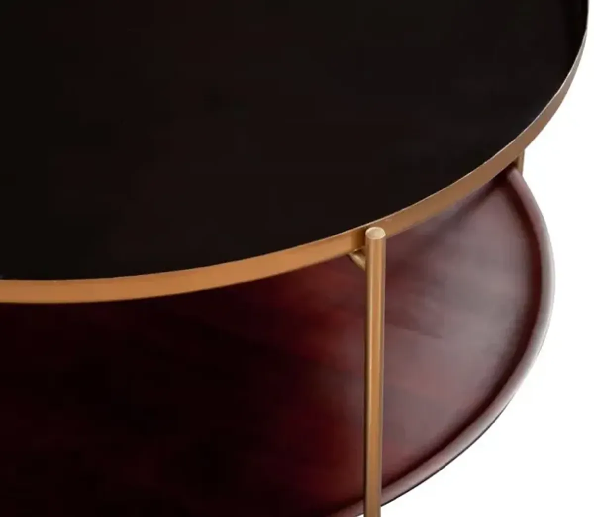 STEVIE 36 INCH ENAMELED ROUND METAL & WOOD COFFEE TABLE IN BLACK IN CHERRY IN & BRONZE