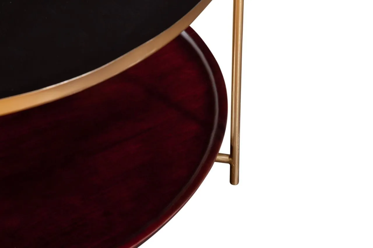 STEVIE 36 INCH ENAMELED ROUND METAL & WOOD COFFEE TABLE IN BLACK IN CHERRY IN & BRONZE