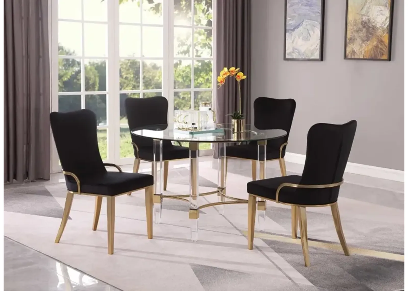 Chintaly Black/Gold Dining Set with Round Glass Top Acrylic & Golden Base with 4 Chairs