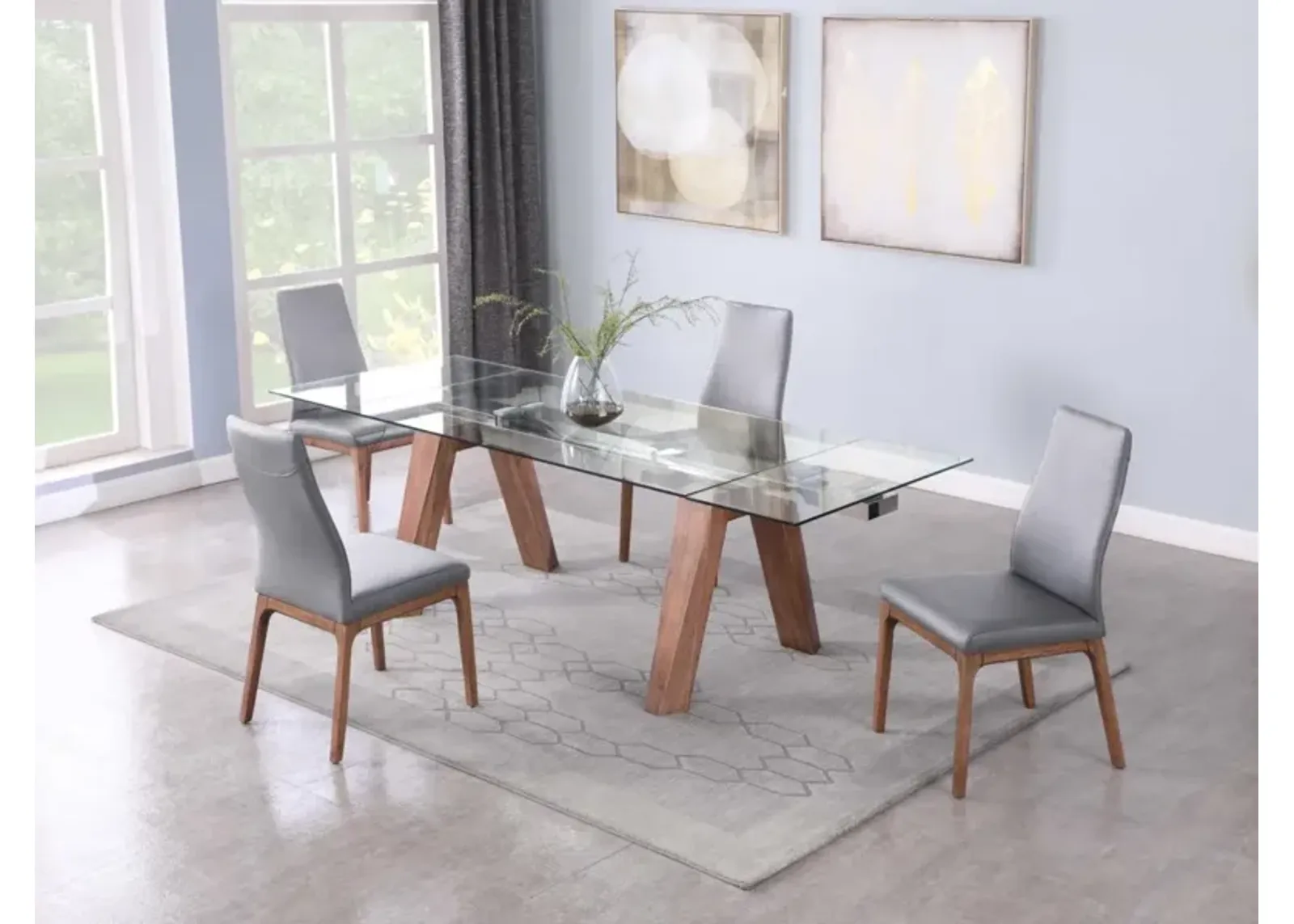 Chintaly Esther Grey/Walnut Modern Dining Set with Extendable Glass Table & 2-Tone Chairs