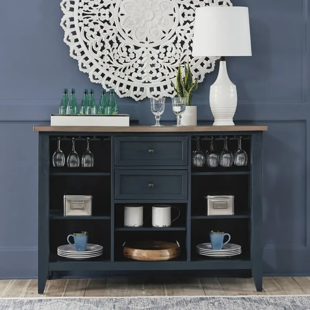 Liberty Furniture Lakeshore Wirebrushed Navy Server with Wood Tone Top