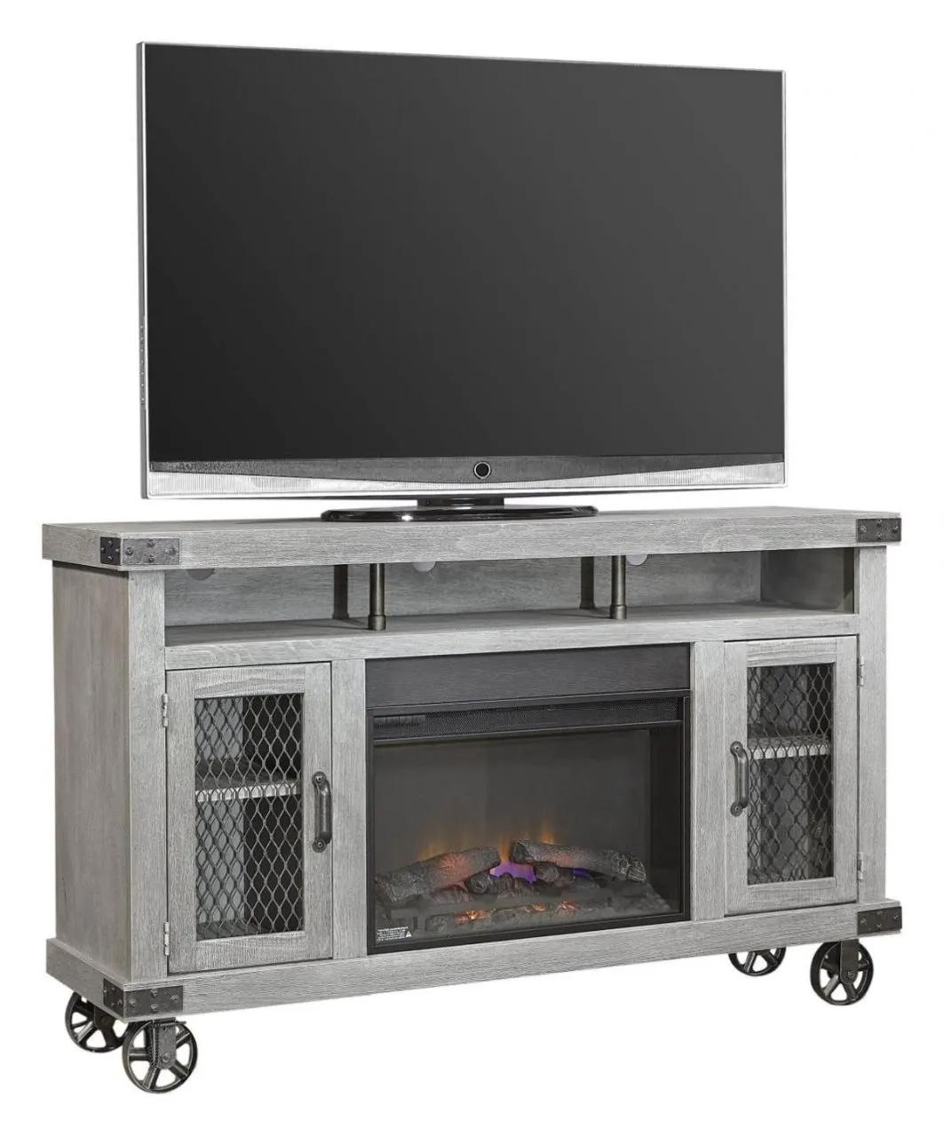 INDUSTRIAL LIGHTHOUSE GREY 62 INCH FIREPLACE TV STAND CONSOLE