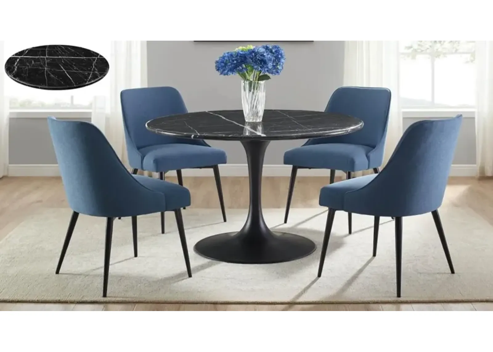 5 PIECE COLFAX BLACK MARBLE TABLE TOP/BLACK BASE W/4 NAVY SIDE CHAIRS