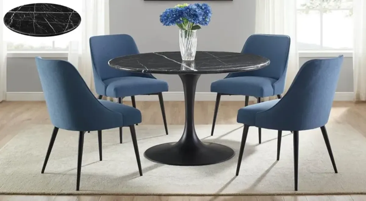 5 PIECE COLFAX BLACK MARBLE TABLE TOP/BLACK BASE W/4 NAVY SIDE CHAIRS