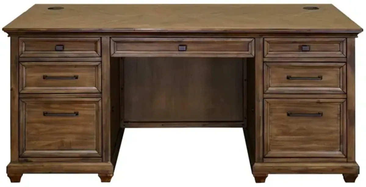 Martin Furniture Porter Natural Wood with Herringbone Pattern Double Pedestal Desk