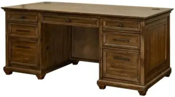 Martin Furniture Porter Natural Wood with Herringbone Pattern Double Pedestal Desk