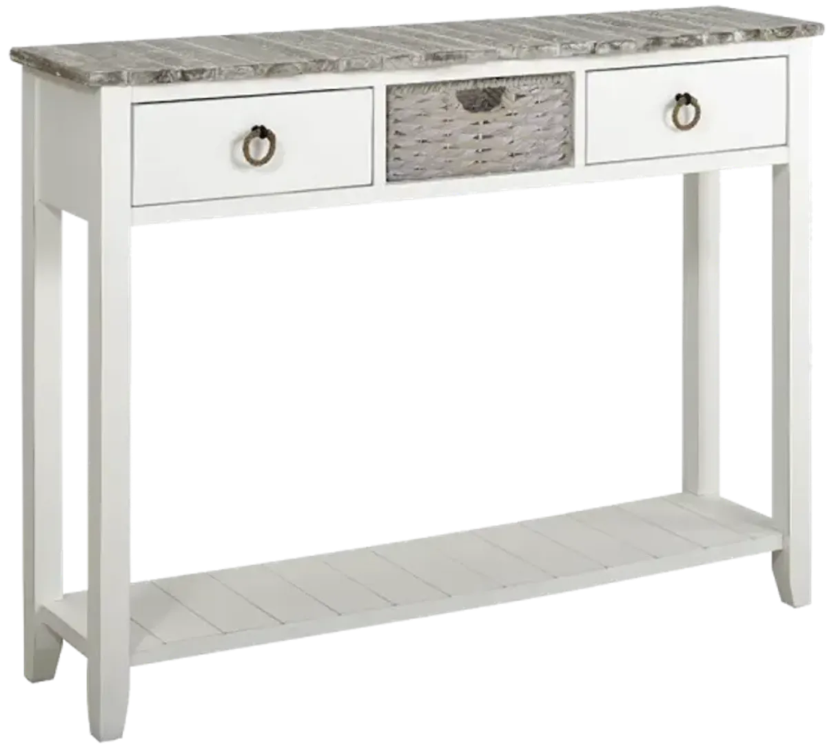 Madison Avenue Coastal Views Antique White 2-Drawer Entry Table with Boardwalk Top & Plank Shelf