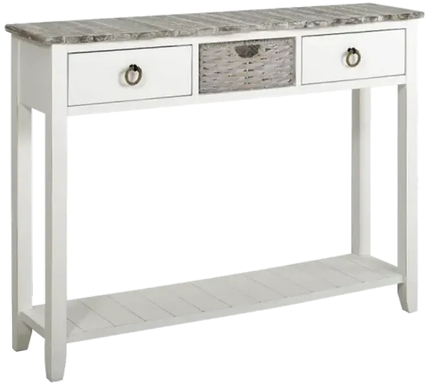 Madison Avenue Coastal Views Antique White 2-Drawer Entry Table with Boardwalk Top & Plank Shelf