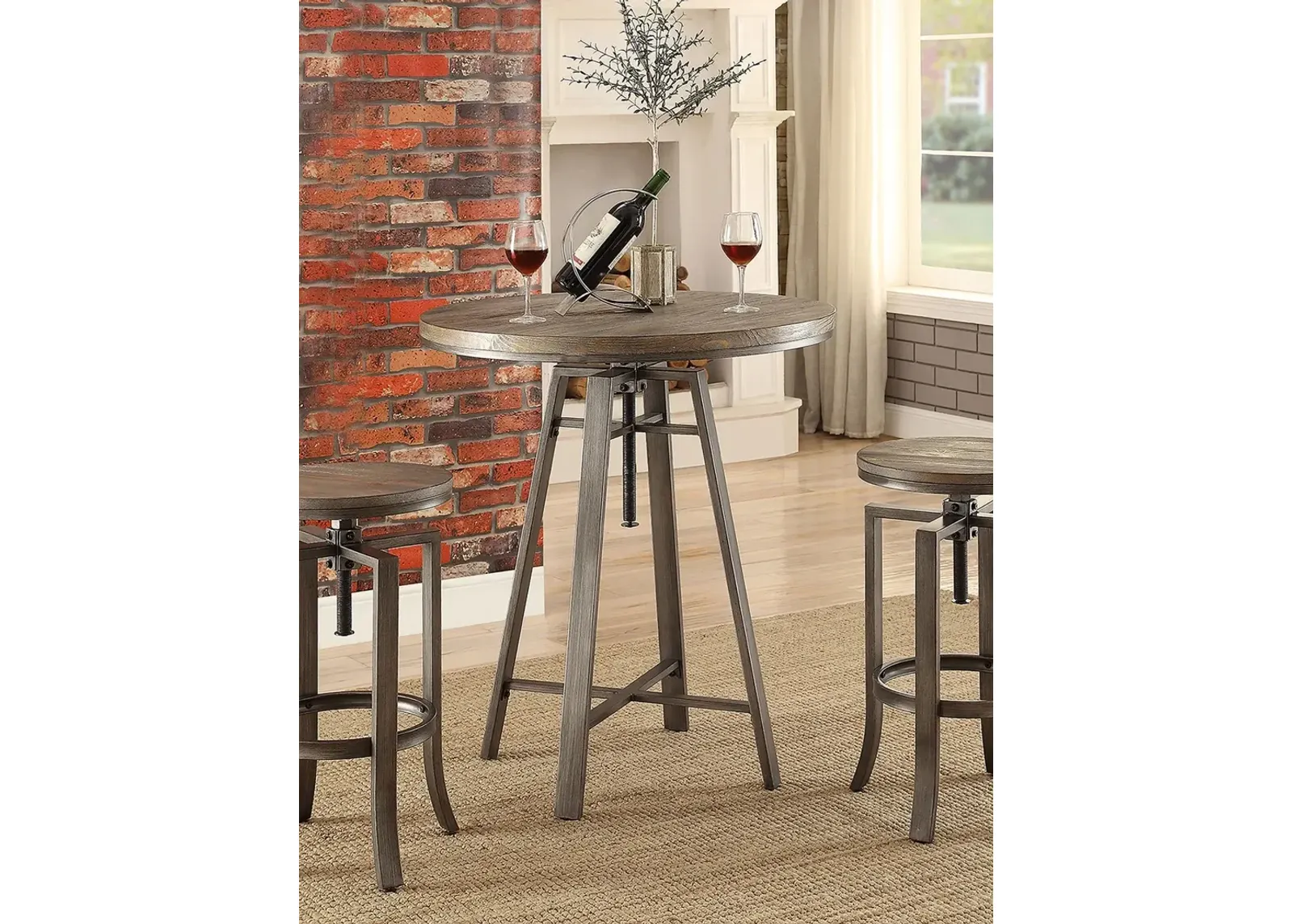 INDUSTRIAL ADJUSTABLE HEIGHT BRUSHED NUTMEG ROUND BAR TABLE