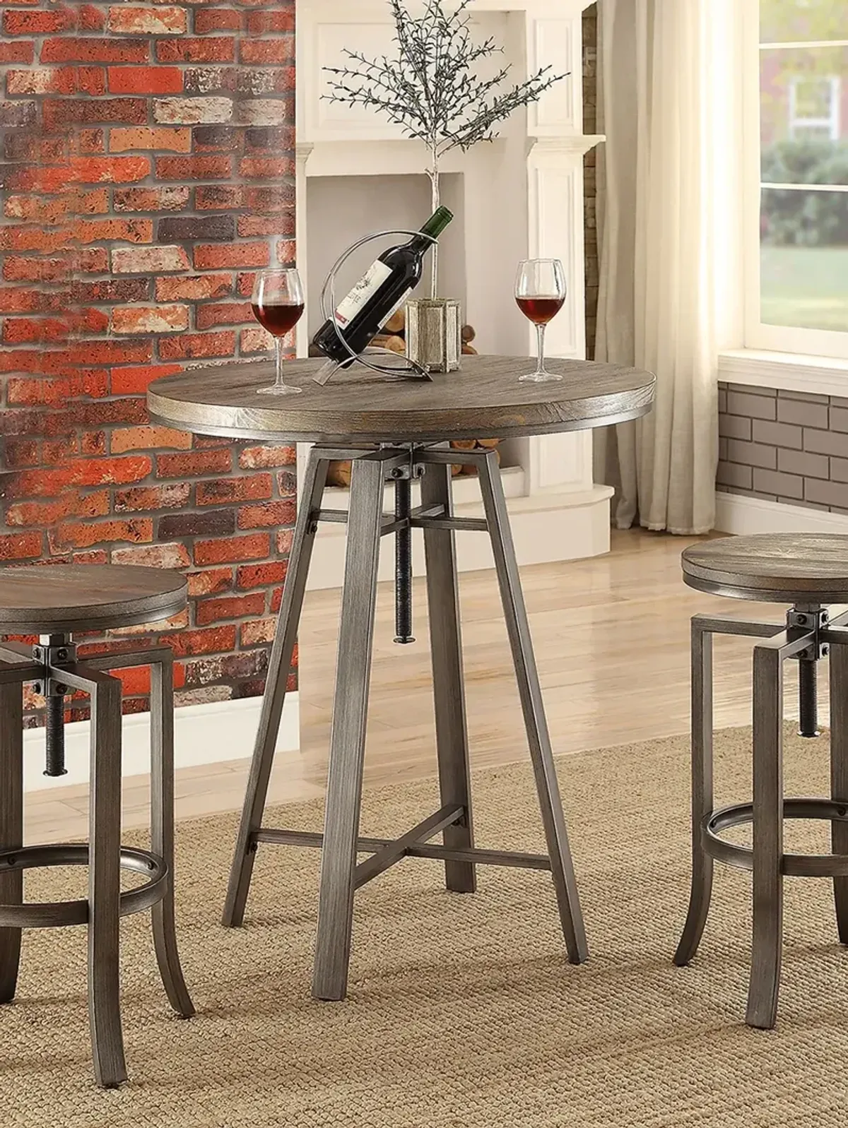 INDUSTRIAL ADJUSTABLE HEIGHT BRUSHED NUTMEG ROUND BAR TABLE