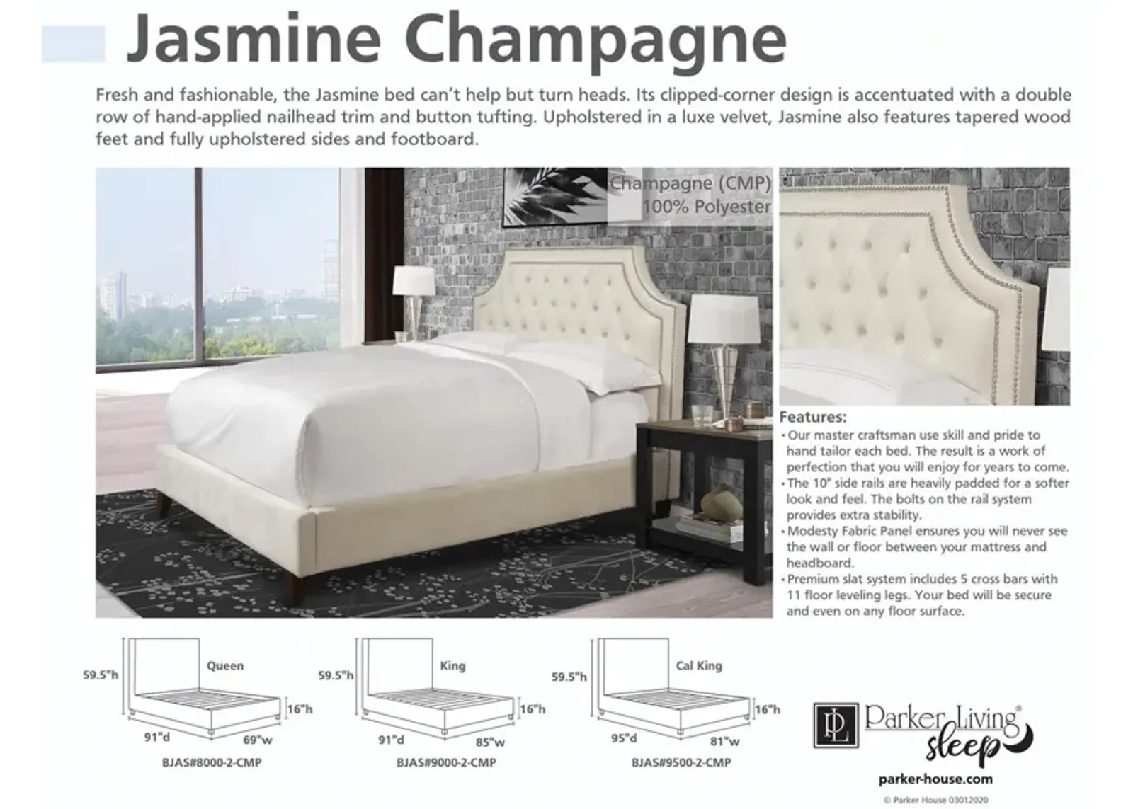 Parker House Jasmine Collection Champagne Natural Queen Headboard