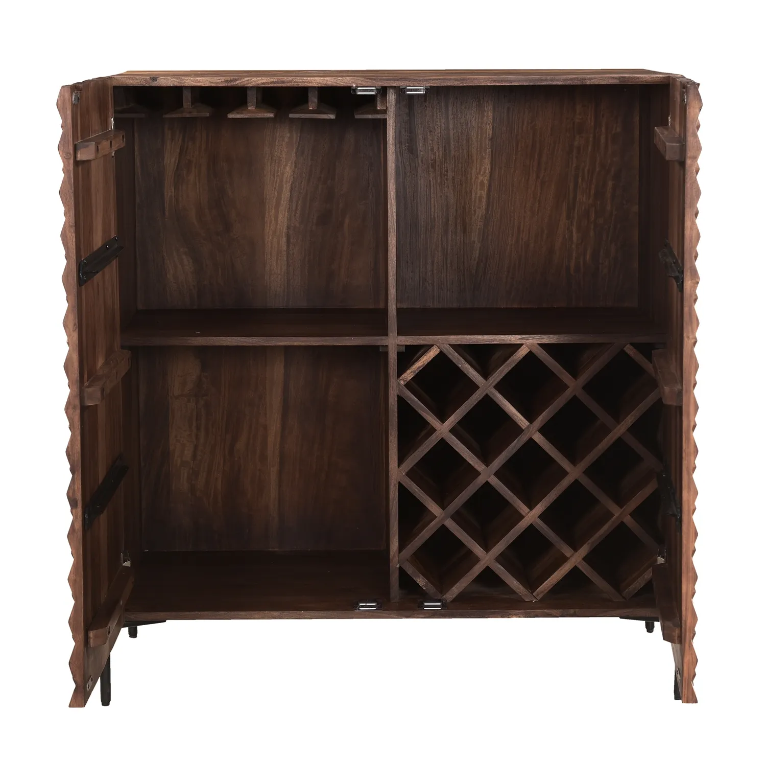 ATWOOD EXOTIC SOLID SHEESHAM WOOD 2 DOOR BAR CABINET WITH WINE BOTTLE AND STEMWARE HOLDER