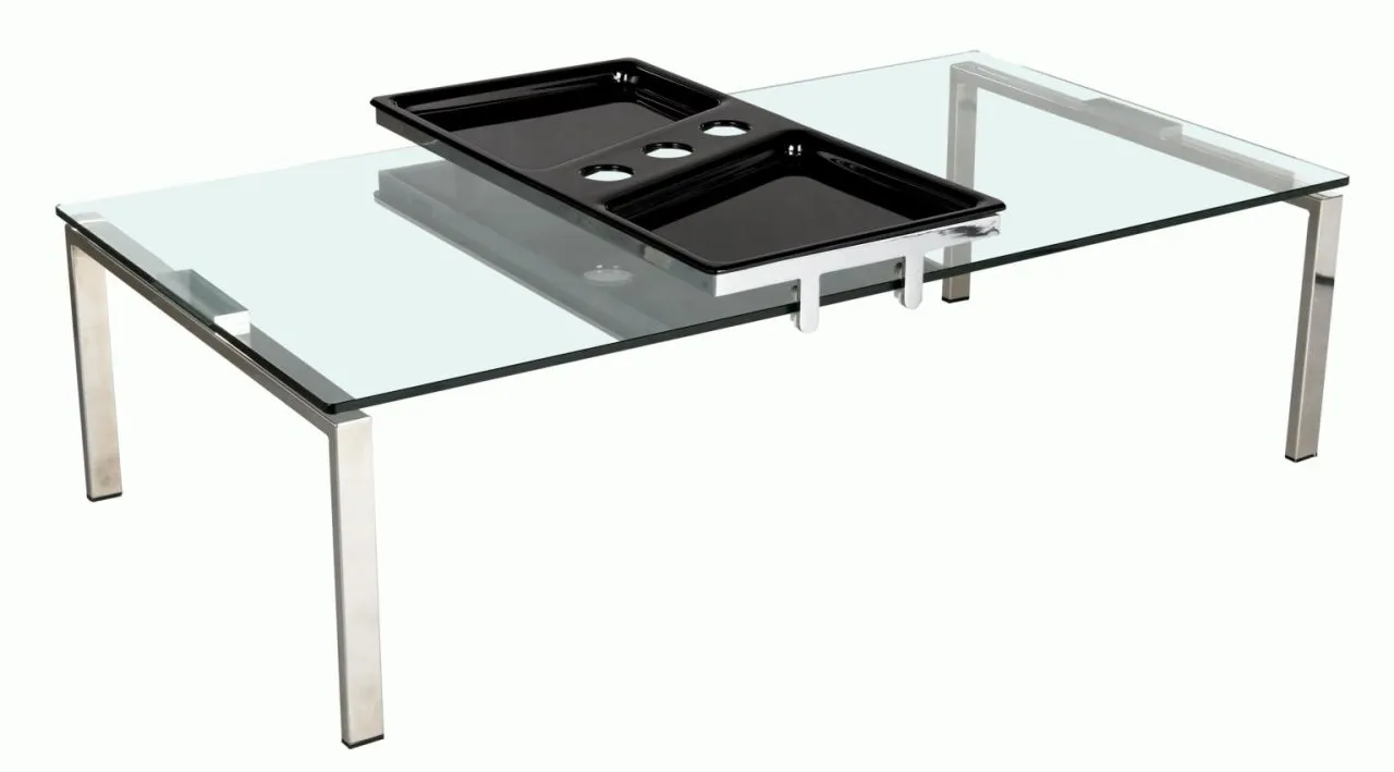 CONTEMPORARY 30 INCH X 55 INCH GLASS TOP COCKTAIL TABLE WITH ACRYLIC MOTION TRAY