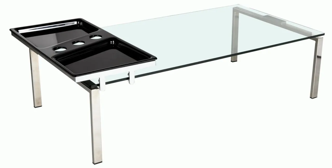 CONTEMPORARY 30 INCH X 55 INCH GLASS TOP COCKTAIL TABLE WITH ACRYLIC MOTION TRAY