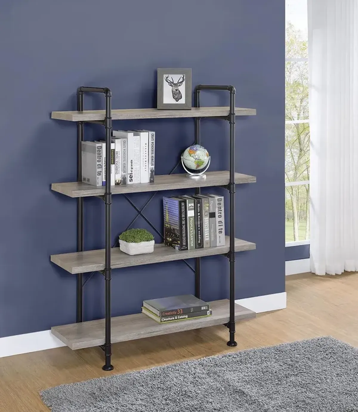 Coaster Delray 56 Inch 4-Shelf Bookshelf Grey Driftwood & Black