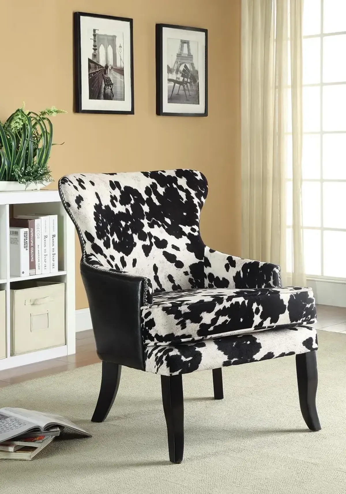 ACCENT CHAIR BLACK/WHITE COW PATTERN CAPPUCCINO