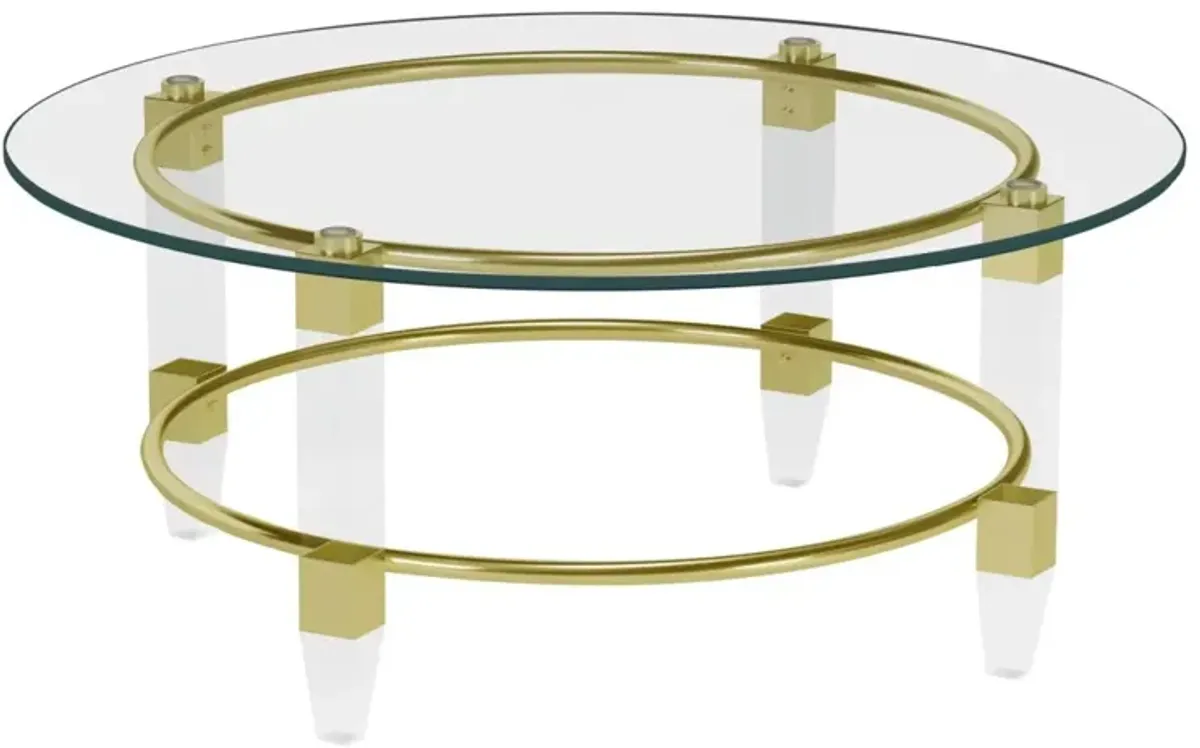 Chintaly Gold Round Glass Cocktail Table with Acrylic Legs & Gold Plated Frame