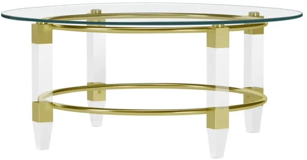 Chintaly Gold Round Glass Cocktail Table with Acrylic Legs & Gold Plated Frame