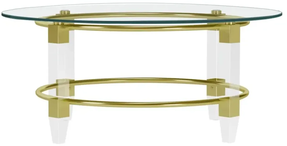 Chintaly Gold Round Glass Cocktail Table with Acrylic Legs & Gold Plated Frame