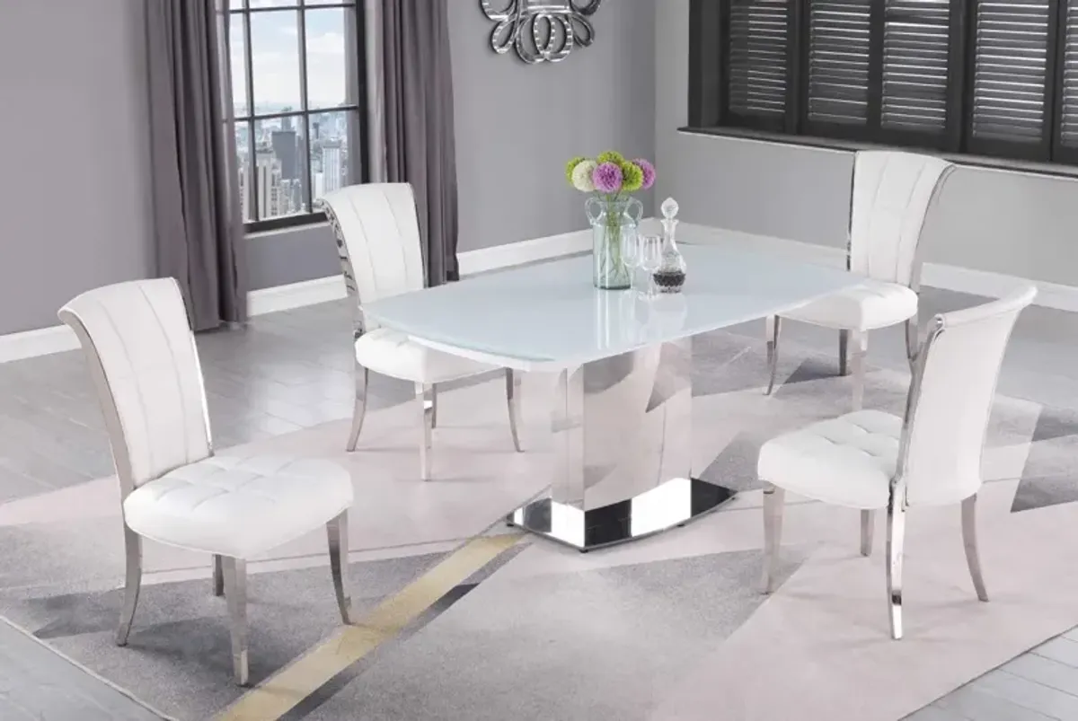 Chintaly Mavis White Dining Set with Extendable White Glass Table & Tufted Back Side Chairs