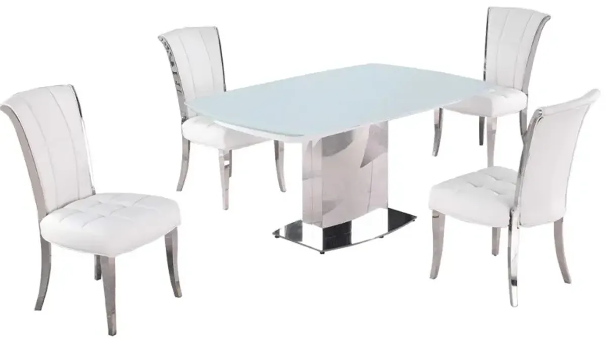 Chintaly Mavis White Dining Set with Extendable White Glass Table & Tufted Back Side Chairs