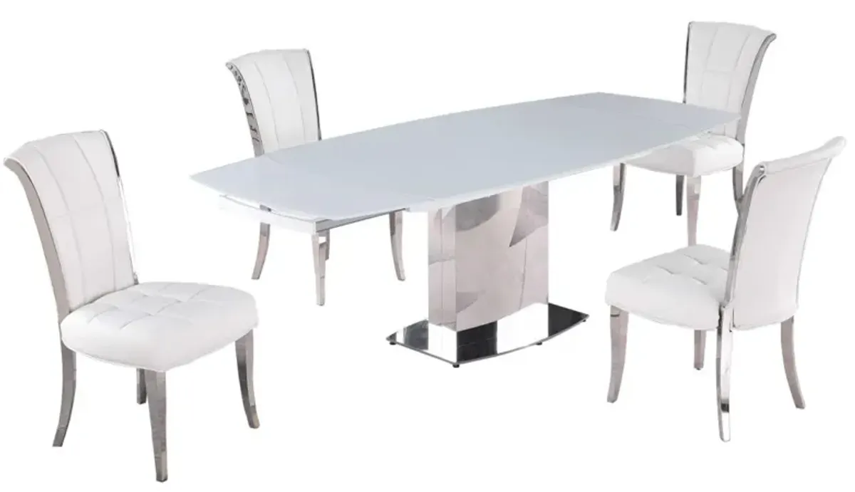 Chintaly Mavis White Dining Set with Extendable White Glass Table & Tufted Back Side Chairs