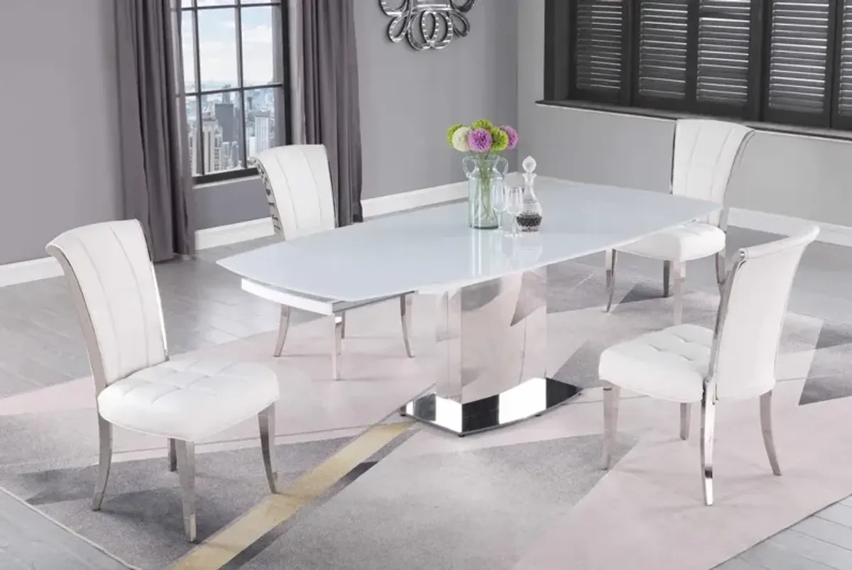 Chintaly Mavis White Dining Set with Extendable White Glass Table & Tufted Back Side Chairs