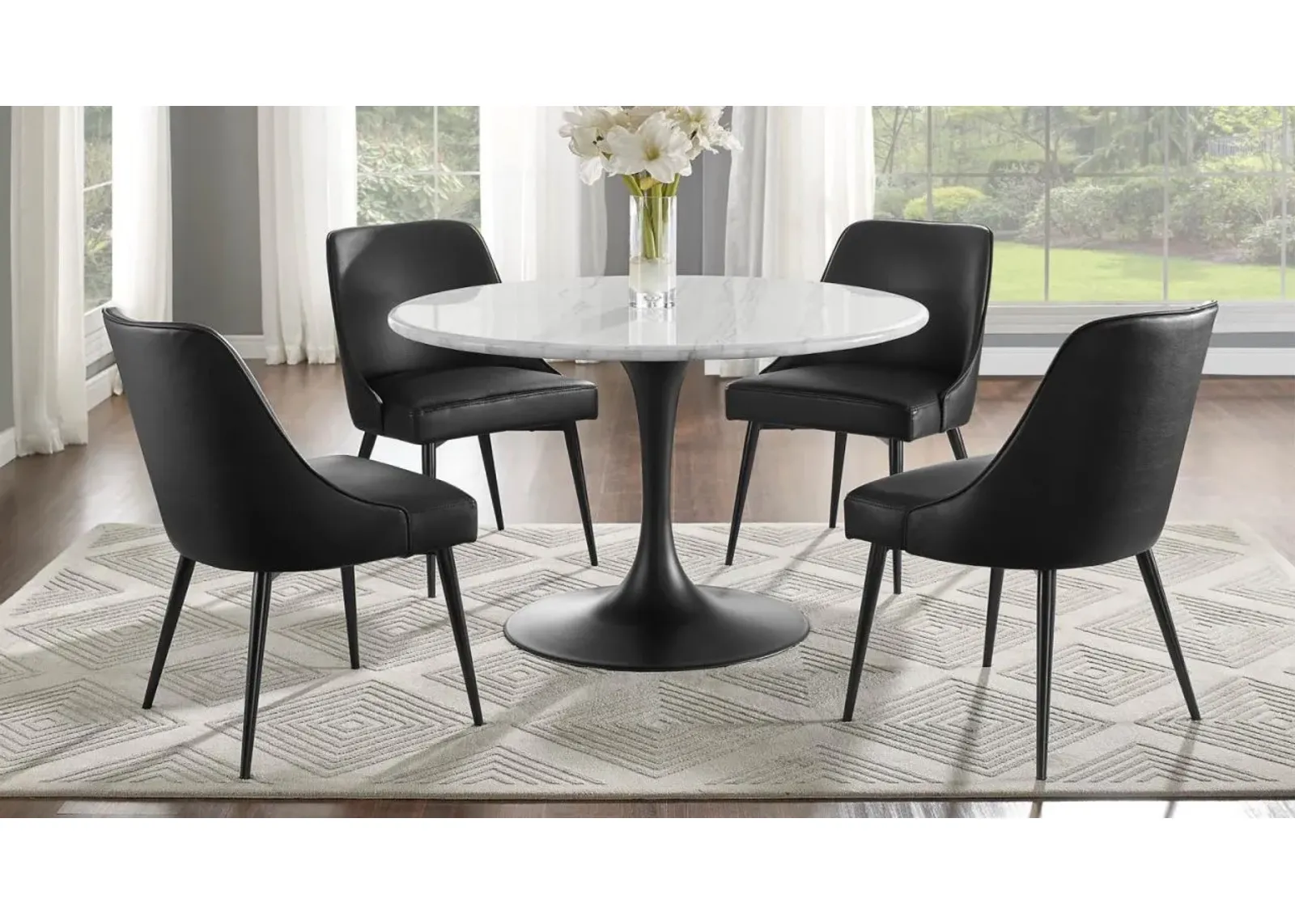 5 PIECE COLFAX WHITE MARBLE TABLE TOP/BLACK BASE W/4 STONE SIDE CHAIRS