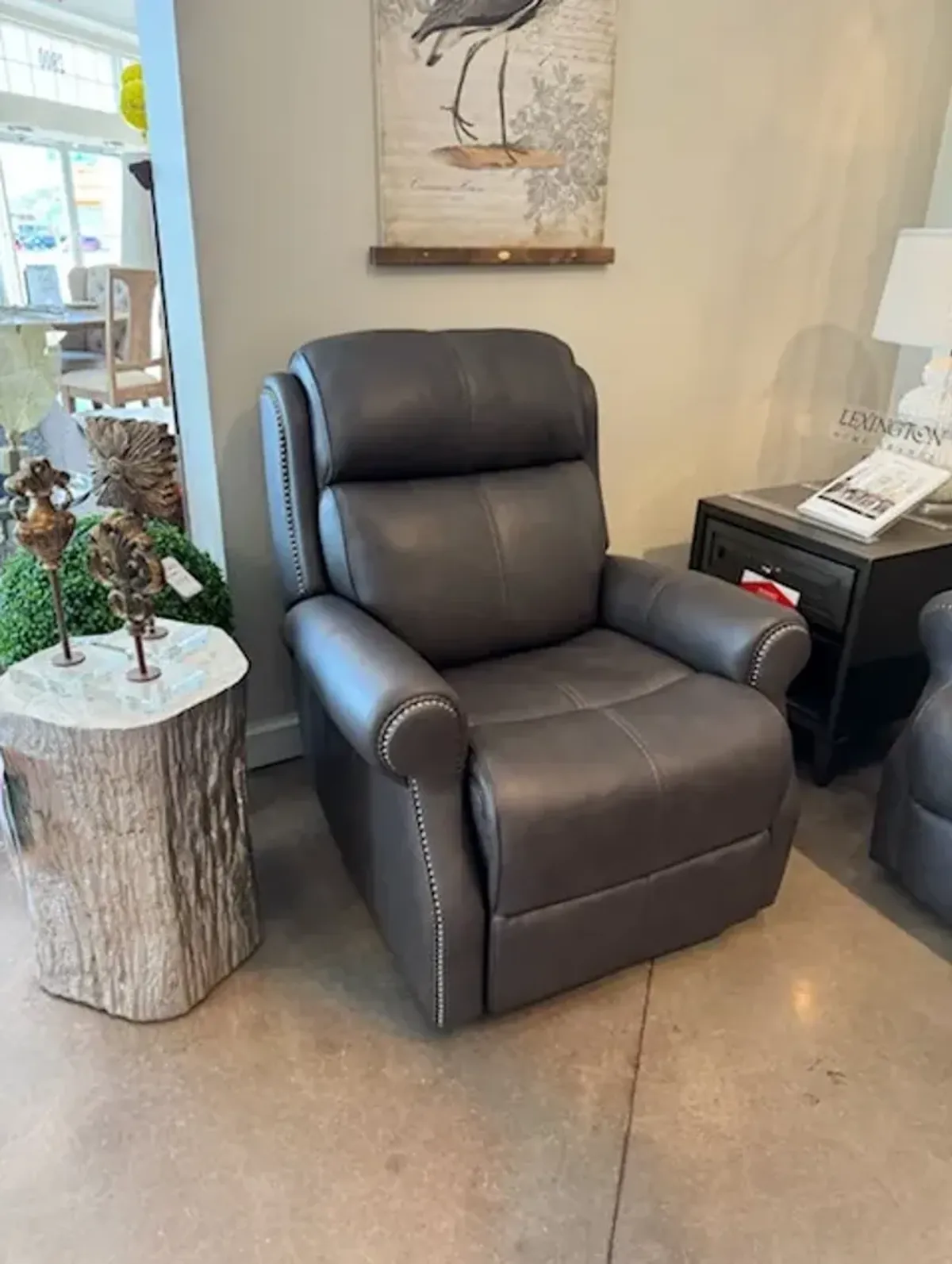 Bernhardt Mcgwire Grey All Leather Power Recliner with Usb & Power Tilt Headrest