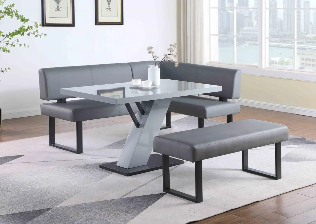 LINDEN GREY CONTEMPORARY DINING SET WITH WOODEN DINING TABLE, NOOK & BENCH
